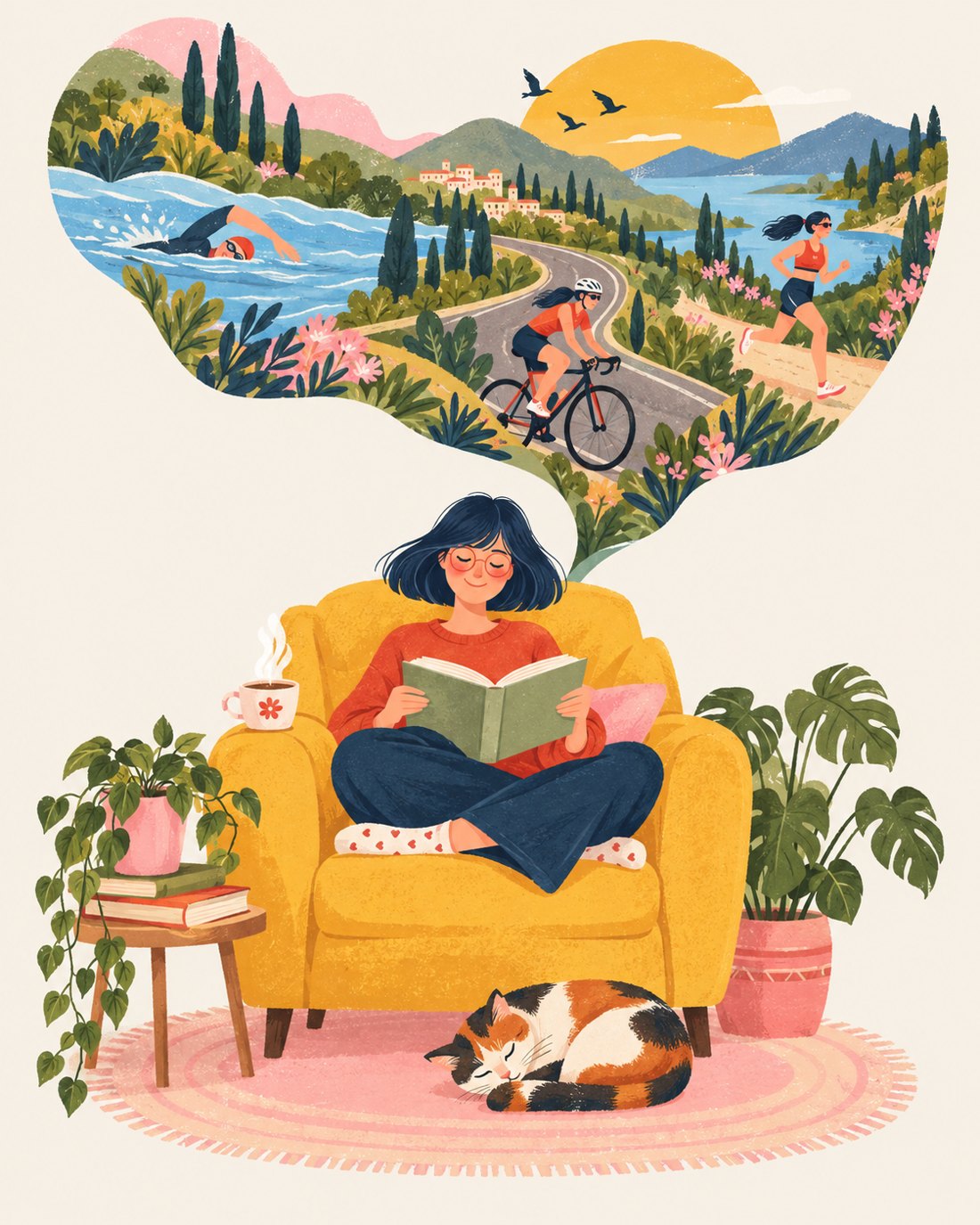 Ilustração: eu lendo numa poltrona amarela, com café, plantas e um gato dormindo no tapete, sonhando com natação, bike e corrida